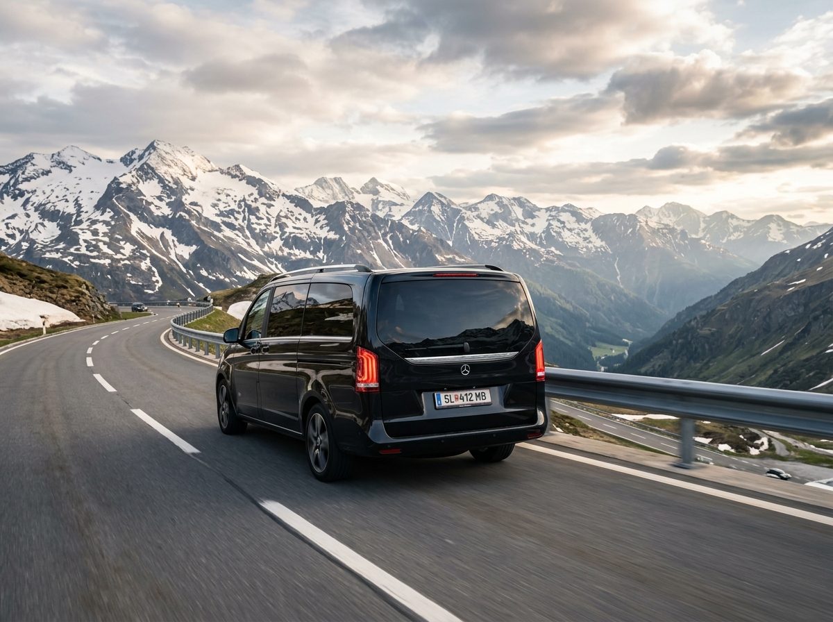 Minivan on an alpine pass road