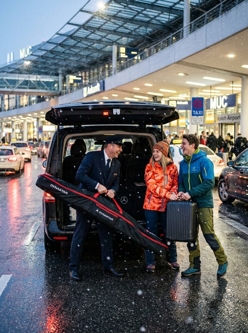 Driver loading ski bags into a Mercedes V-Class outside Munich Airport arrivals